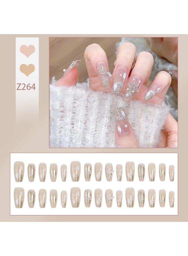 Instant Wear Luxury Press-on Nails – 24pcs Reusable Set –3D Butterfly & Pearls, Glossy Jelly Gradient Stick on False Nails – Salon Look at Home - Image 4